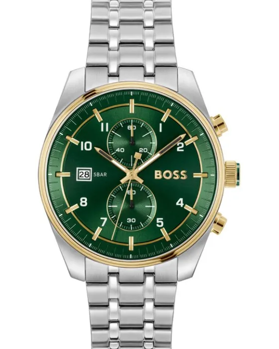 Ανδρικό ρολόι Hugo Boss Skytraveller Chronograph 1514195, Πράσινο καντράν, Μπρασελέ από Ανοξείδωτο ατσάλι
