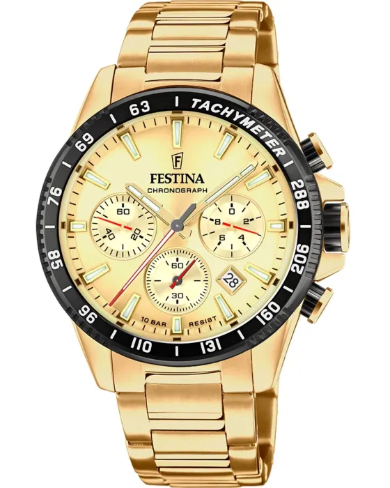 Ανδρικό ρολόι Festina Chronograph F20634 / 6, Χρυσό καντράν, Μπρασελέ από Ανοξείδωτο ατσάλι