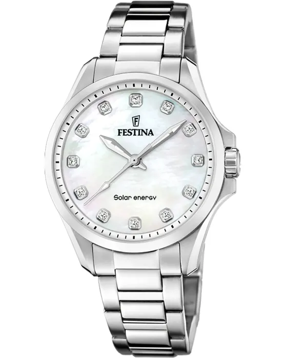 Γυναικείο ρολόι Festina Crystals Solar Energy F20654/1, Φίλντισι καντράν, Μπρασελέ από Ανοξείδωτο ατσάλι