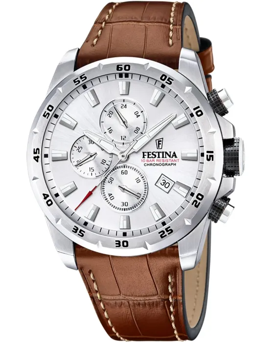 Ανδρικό ρολόι Festina Chronograph F20692 / 1, Ασημί καντράν, Λουρί από Δερμάτινο