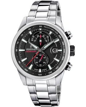 Ανδρικό ρολόι Festina Timeless Chronograph F20694 / 6, Μαύρο καντράν, Μπρασελέ από Ανοξείδωτο ατσάλι