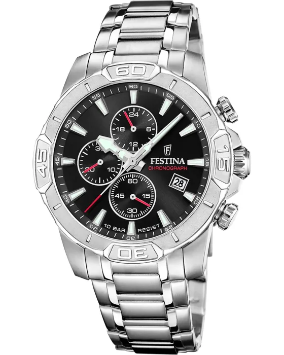 Male watch Festina Timeless Chronograph F20704/3, Black dial, Bracelet in Stainless Steel
