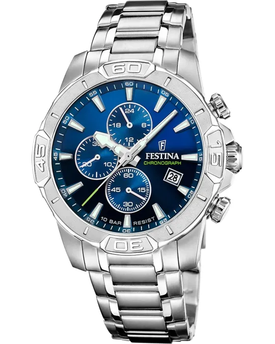 Women's watch Festina Timeless Chronograph F20704 / 4, Blue dial, Bracelet in Stainless Steel