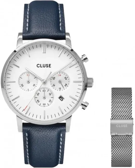 Ανδρικό ρολόι Cluse Aravis Chronograph Gift Box CG21004, Λευκό καντράν, Λουρί από Δερμάτινο