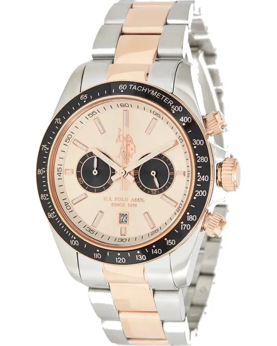 Ανδρικό ρολόι U.S. Polo Assn. Charles Chronograph USP7008RG, Ροζ Χρυσό καντράν, Μπρασελέ από Ανοξείδωτο ατσάλι