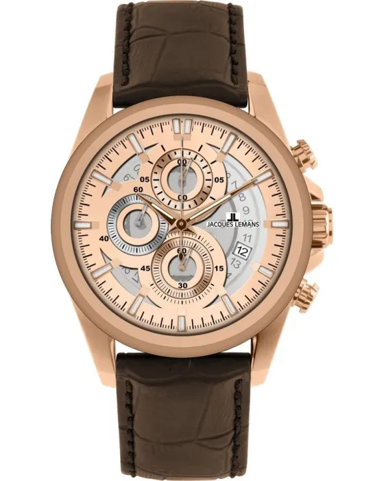 Male watch Jacques Lemans Liverpool Chronograph 1-1847D, Rose gold dial, Strap in Leather