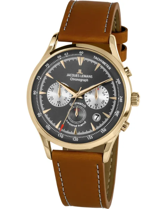 Men's watch Jacques Lemans Retro Classic Chronograph 1-2068J, Grey dial, Strap in Leather