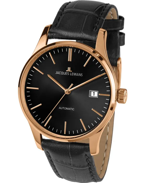 Male watch Jacques Lemans London Automatic 1-2073E, Black dial, Strap in Leather
