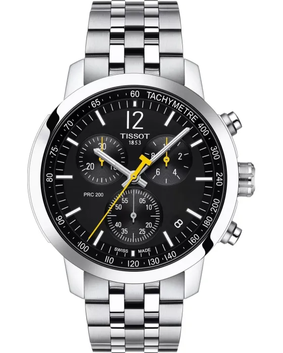 Ανδρικό ρολόι Tissot PRC 200 Chronograph T1144171105700, Μαύρο καντράν, Μπρασελέ από Ανοξείδωτο ατσάλι