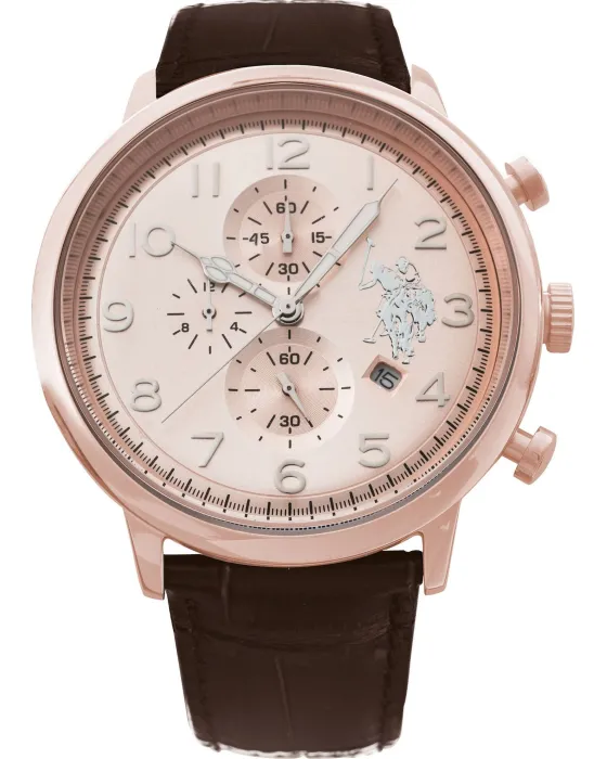 Ανδρικό ρολόι U.S. Polo Assn. Varenne USP4357RG, Ροζ Χρυσό καντράν, Λουρί από Δερμάτινο