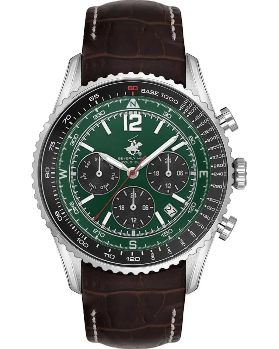 Ανδρικό ρολόι Beverly Hills Polo Club BP3723X.372, Πράσινο καντράν, Λουρί από Δερμάτινο
