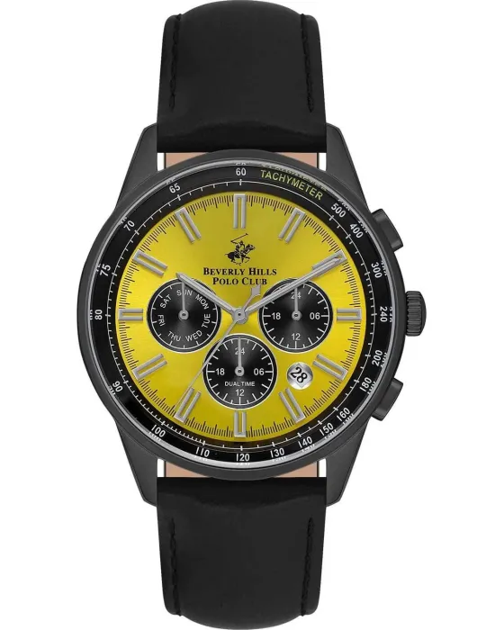 Ανδρικό ρολόι Beverly Hills Polo Club BP3550X.801, Κίτρινο καντράν, Λουρί από Δερμάτινο
