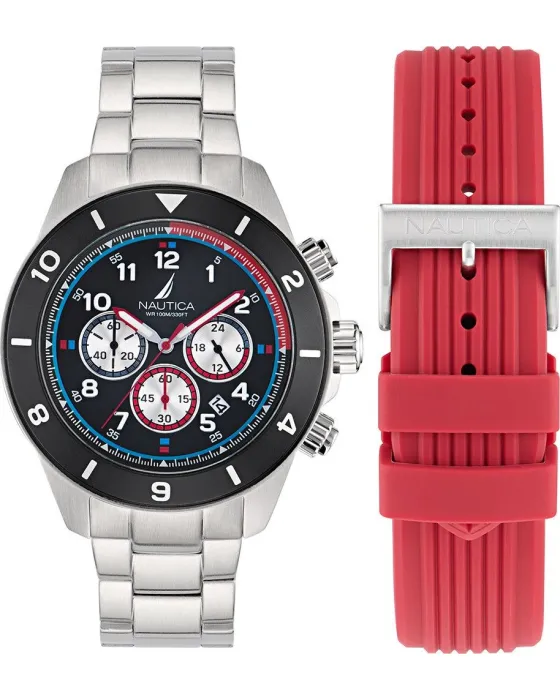 Ανδρικό ρολόι Nautica One Chronograph BoxSet NAPNOS406, Μαύρο καντράν, Μπρασελέ από Ανοξείδωτο ατσάλι