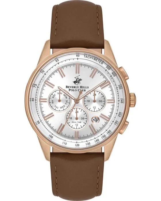 Ανδρικό ρολόι Beverly Hills Polo Club BP3550X.432, Ασημί καντράν, Λουρί από Δερμάτινο