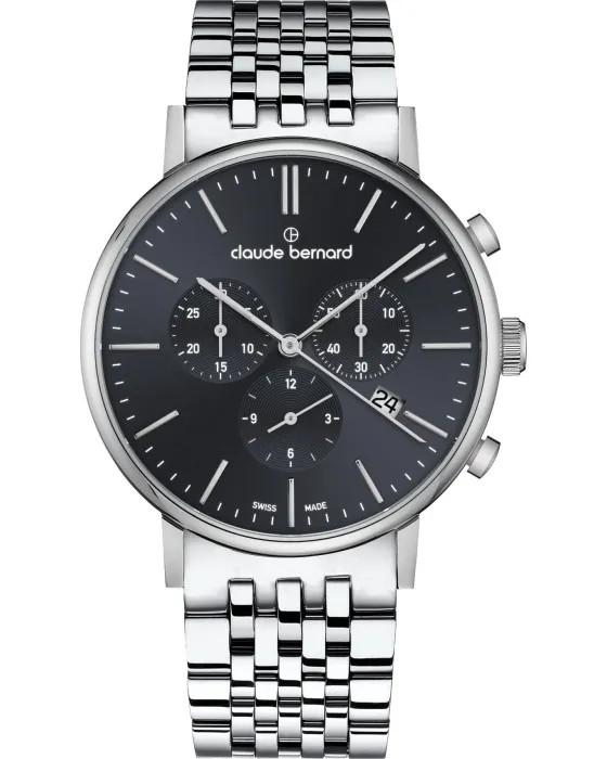 Male watch Claude Bernard Slim Line Chronograph 10261 3M NIN, Black dial, Bracelet in Stainless Steel