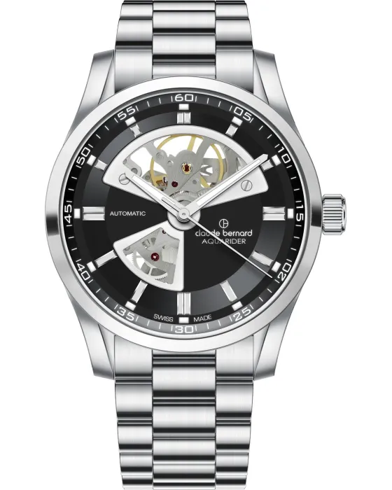 Men's watch Claude Bernard Aquarider Open Heart Automatic 85030 3M NIN, Black dial, Bracelet in Stainless Steel