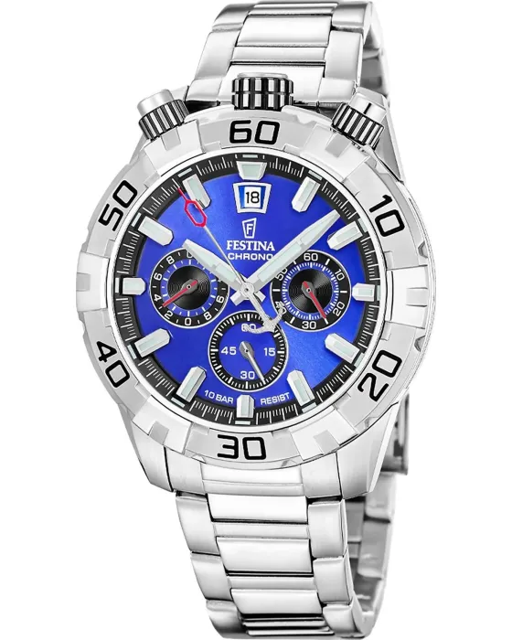 Ανδρικό ρολόι Festina Originals Bullhead Chronograph F20743 / 3, Μπλε καντράν, Μπρασελέ από Ανοξείδωτο ατσάλι