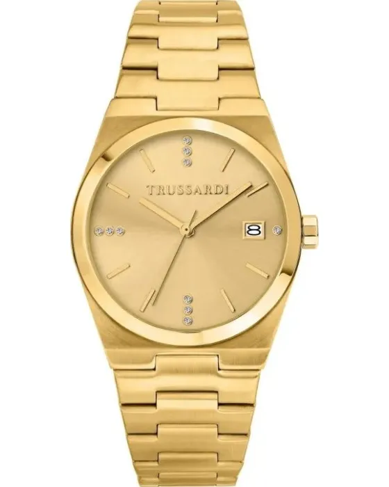Γυναικείο ρολόι Trussardi T-Milano R2453175502, Χρυσό καντράν, Μπρασελέ από Ανοξείδωτο ατσάλι