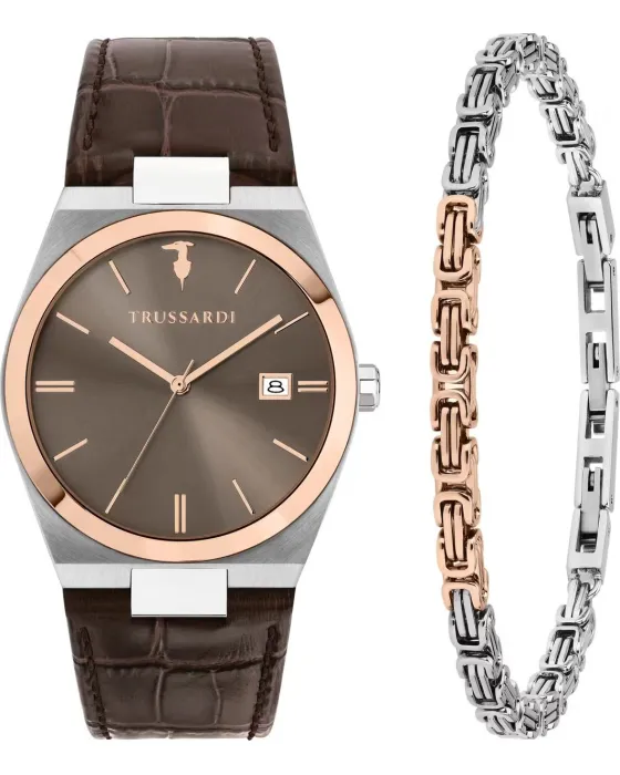 Ανδρικό ρολόι Trussardi T-Milano Set R2451175001, Καφέ καντράν, Λουρί από Δερμάτινο