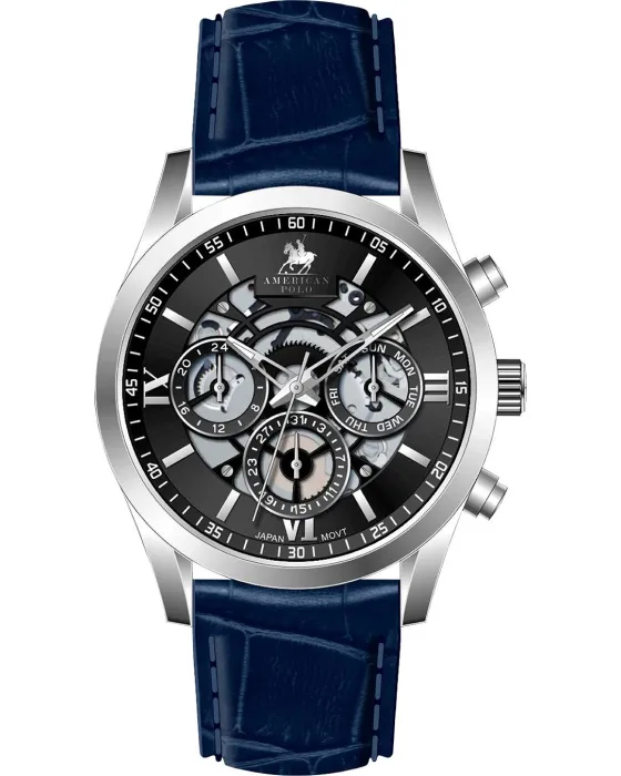 Ανδρικό ρολόι American Polo APSSBK112G, Μαύρο καντράν, Λουρί από Δερμάτινο