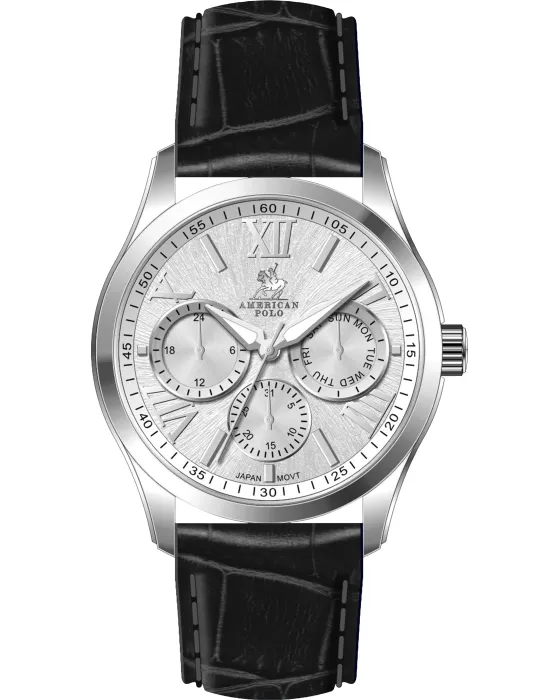 Ανδρικό ρολόι American Polo APSSWBK108G, Ασημί καντράν, Λουρί από Δερμάτινο