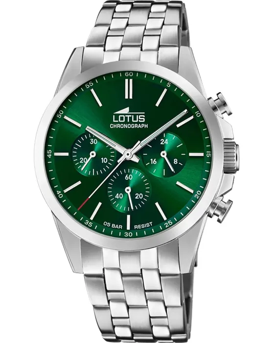 Ανδρικό ρολόι Lotus Chronograph L18989 / 3, Πράσινο καντράν, Μπρασελέ από Ανοξείδωτο ατσάλι