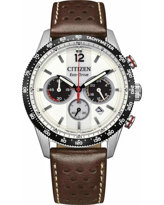 Ανδρικό ρολόι Citizen Eco-Drive Racing Chronograph CA4714-04A, Μπεζ καντράν, Λουρί από Δερμάτινο