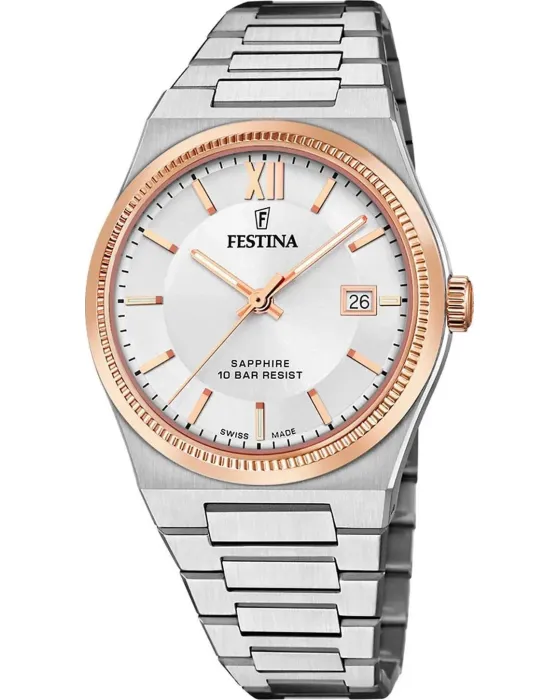 Ανδρικό ρολόι Festina Rive Swiss Made F20036 / 1, Ασημί καντράν, Μπρασελέ από Ανοξείδωτο ατσάλι