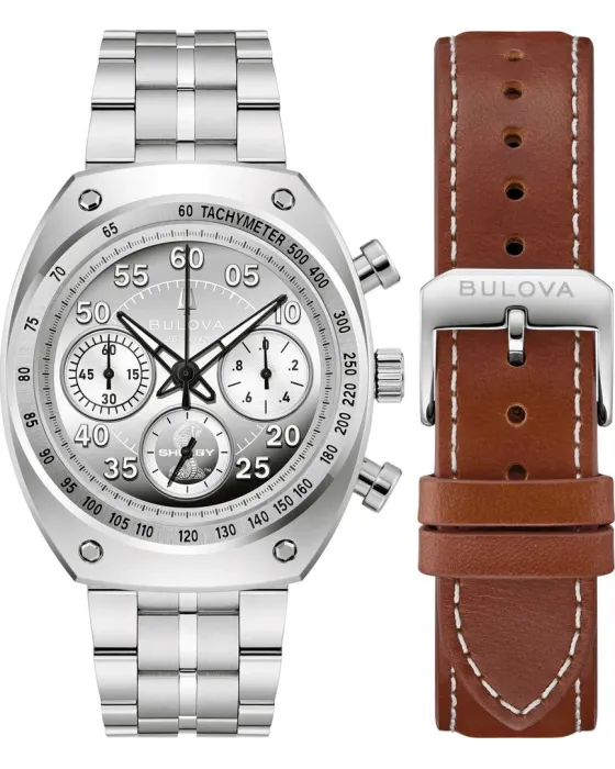 Ανδρικό ρολόι Bulova Shelby Racer Chronograph 96K118, Ασημί καντράν, Λουρί / Μπρασελέ από Ανοξείδωτο ατσάλι / Δερμάτινο