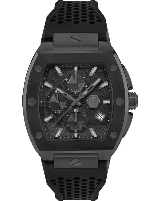 Ανδρικό ρολόι Philipp Plein Hexagon Phantom Chronograph PWHHA0326, Μαύρο καντράν, Λουρί από Καουτσούκ
