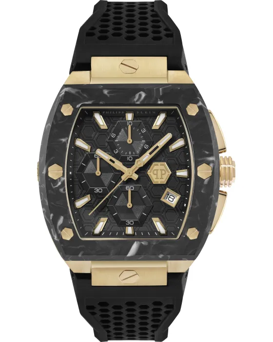 Ανδρικό ρολόι Philipp Plein Hexagon Phantom Chronograph PWHHA0226, Μαύρο καντράν, Λουρί από Καουτσούκ