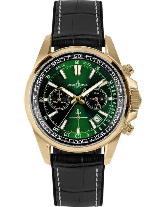 Ανδρικό ρολόι Jacques Lemans Liverpool Chronograph 1-2117ZJ, Πράσινο καντράν, Λουρί από Δερμάτινο