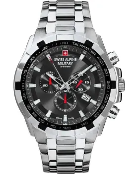 Ανδρικό ρολόι Swiss Alpine Military by Grovana Star Fighter Chronograph SAM7043.9137, Μαύρο καντράν, Μπρασελέ από Ανοξείδωτο ατσάλι