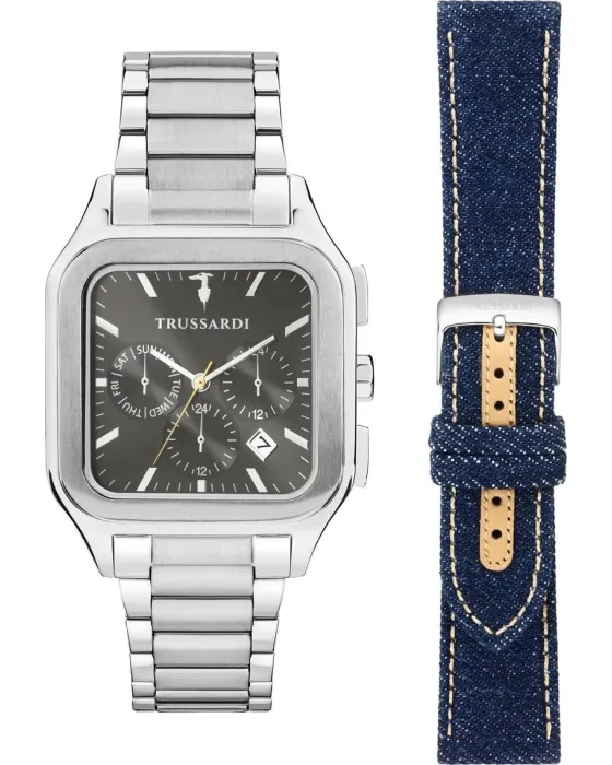 Ανδρικό ρολόι Trussardi T-Quadro Set R2453177001, Μαύρο καντράν, Μπρασελέ από Ανοξείδωτο ατσάλι