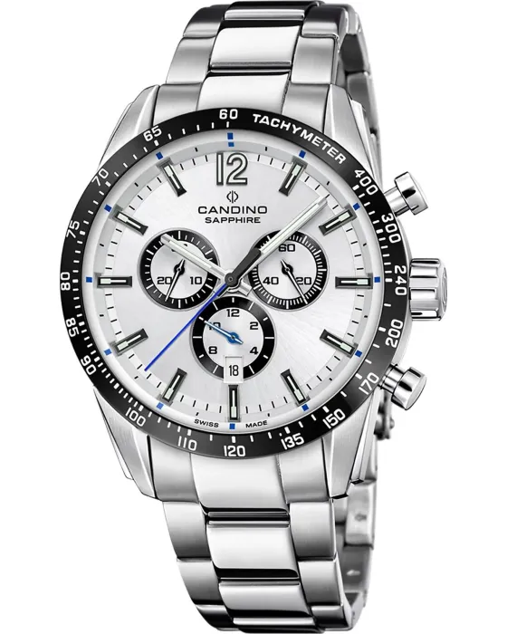 Ανδρικό ρολόι Candino Sport Athletic Chronograph C4757 / 1, Λευκό καντράν, Μπρασελέ από Ανοξείδωτο ατσάλι