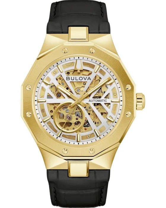 Ανδρικό ρολόι Bulova Prestige Automatic 97A206, Χρυσό καντράν, Λουρί από Δερμάτινο