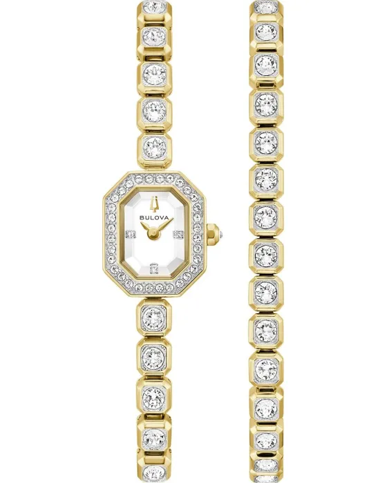 Γυναικείο ρολόι Bulova Crystal Ladies Gift Set 98X145, Χρυσό καντράν, Μπρασελέ από Ανοξείδωτο ατσάλι