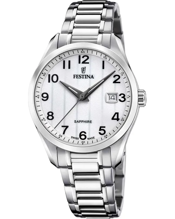 Ανδρικό ρολόι Festina Swiss Made F20026 / 1, Λευκό καντράν, Μπρασελέ από Ανοξείδωτο ατσάλι