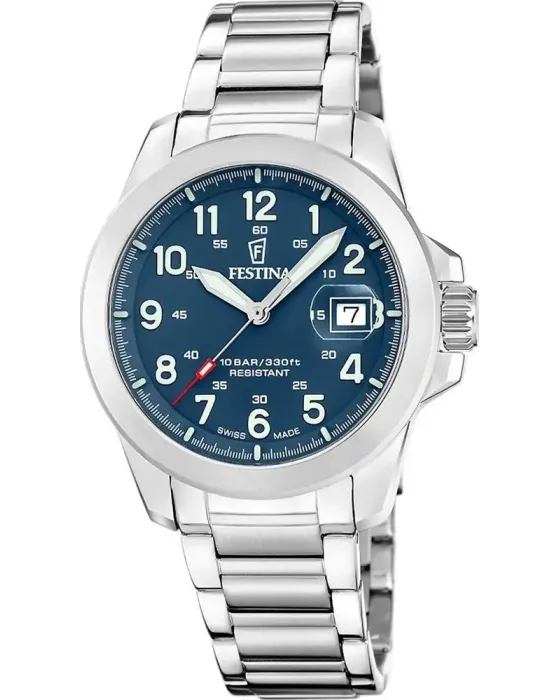 Ανδρικό ρολόι Festina Swiss Made F20081 / 2, Μπλε καντράν, Μπρασελέ από Ανοξείδωτο ατσάλι