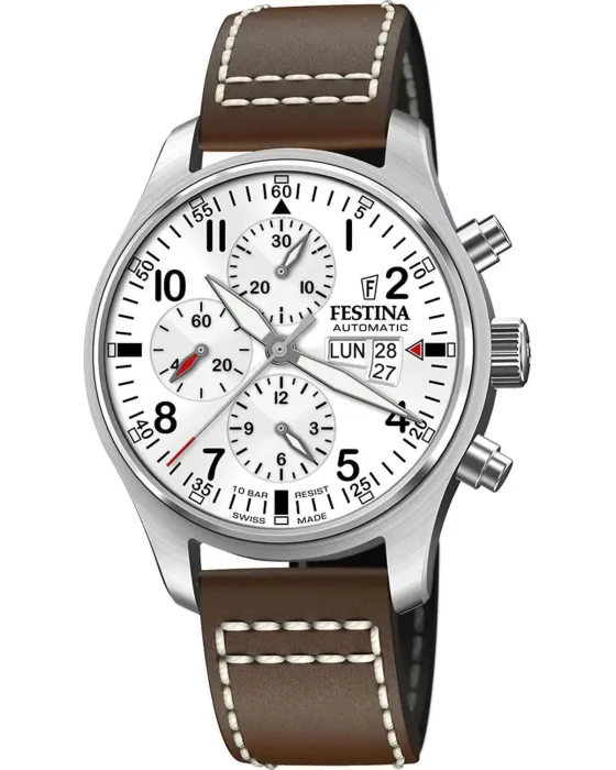 Ανδρικό ρολόι Festina Swiss Made Automatic Chronograph F20150 / 1, Λευκό καντράν, Λουρί από Δερμάτινο