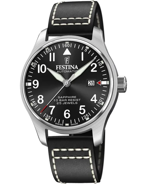 Ανδρικό ρολόι Festina Swiss Made Automatic F20151 / 4, Μαύρο καντράν, Λουρί από Δερμάτινο