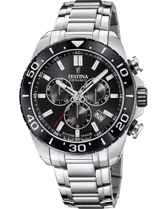 Men's watch Festina Ceramic Swiss Made Chronograph F20042 / 4, Black dial, Bracelet in Stainless Steel