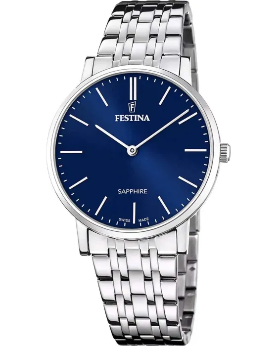 Ανδρικό ρολόι Festina Swiss Made F20045 / 3, Μπλε καντράν, Μπρασελέ από Ανοξείδωτο ατσάλι