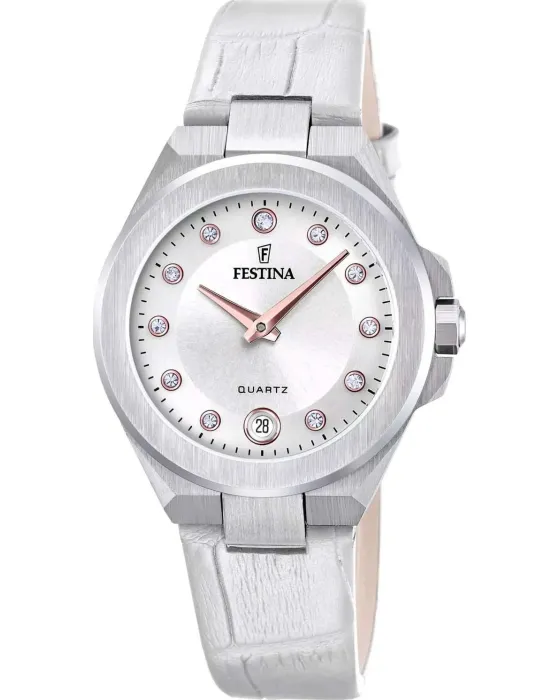 Γυναικείο ρολόι Festina Mademoiselle Crystals F20701 / 1, Ασημί καντράν, Λουρί από Δερμάτινο