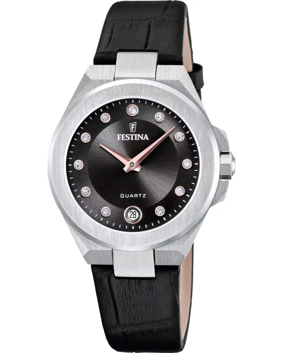 Γυναικείο ρολόι Festina Mademoiselle Crystals F20701 / 5, Μαύρο καντράν, Λουρί από Δερμάτινο