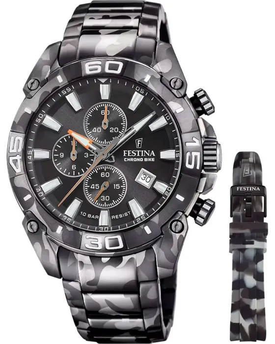 Men's watch Festina Chrono Bike Chronograph Camo Special Edition Gift Set F20710 / 1, Black dial, Bracelet in Stainless Steel