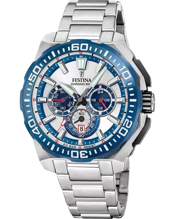 Ανδρικό ρολόι Festina Chrono Bike Chronograph F20724 / 1, Ασημί / Μπλε καντράν, Μπρασελέ από Ανοξείδωτο ατσάλι