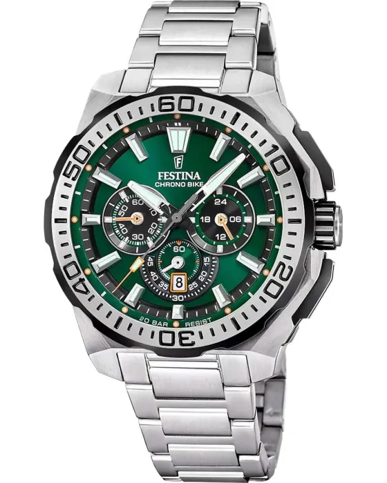 Ανδρικό ρολόι Festina Chrono Bike Chronograph F20724 / 3, Πράσινο καντράν, Μπρασελέ από Ανοξείδωτο ατσάλι