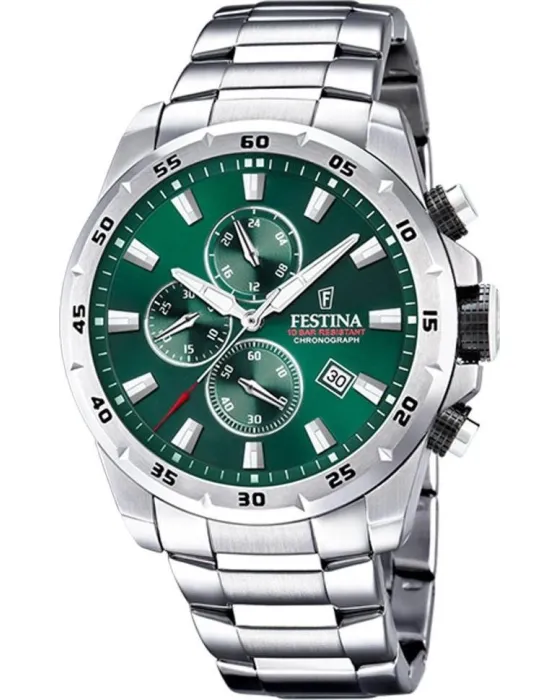 Ανδρικό ρολόι Festina Chronograph F20463 / 3, Πράσινο καντράν, Μπρασελέ από Ανοξείδωτο ατσάλι