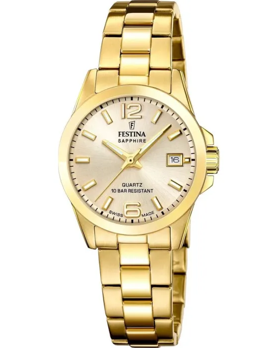 Γυναικείο ρολόι Festina Swiss Made F20050 / 2, Χρυσό καντράν, Μπρασελέ από Ανοξείδωτο ατσάλι